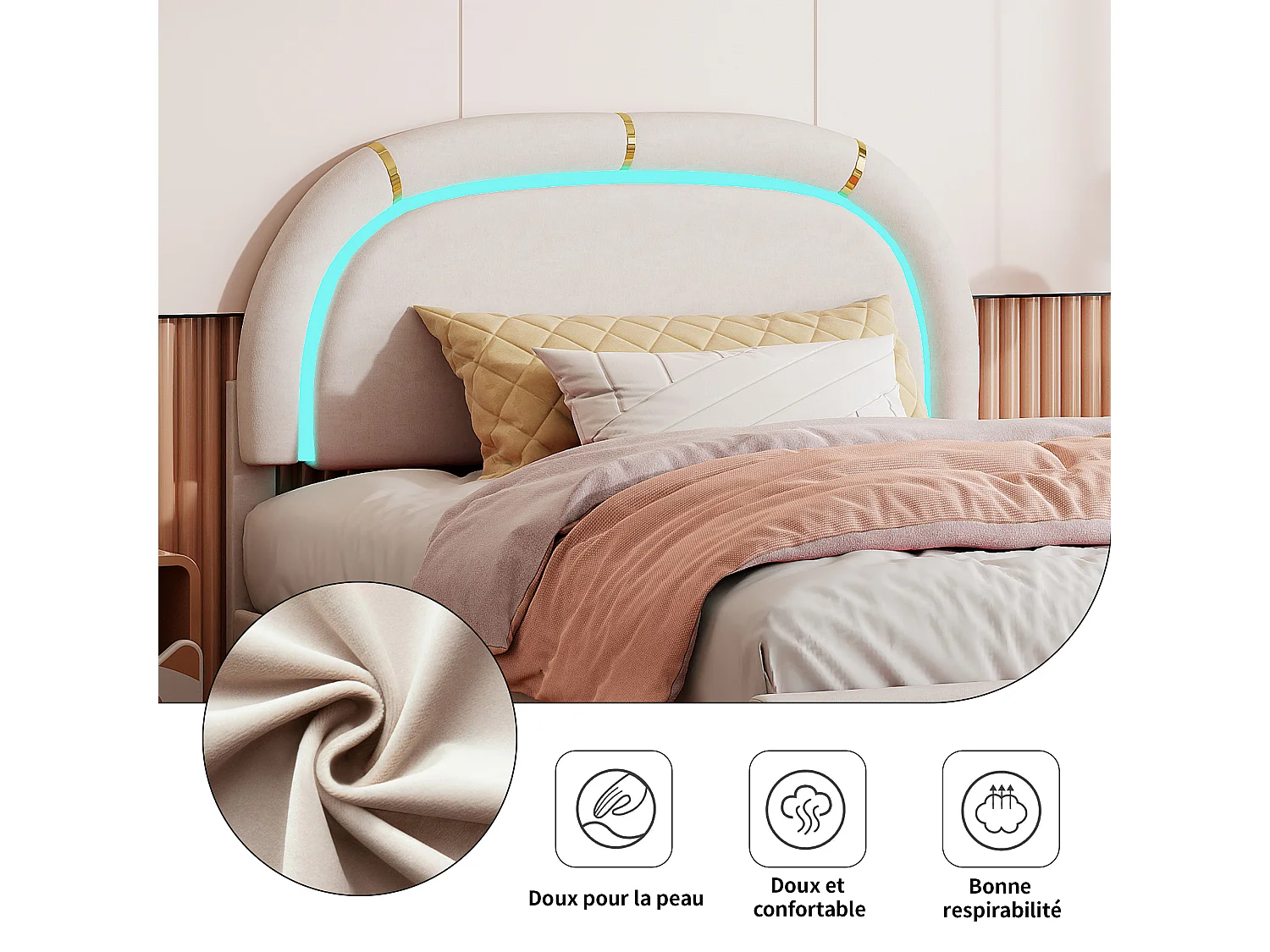 Lit simple capitonné 140x200 cm, lit rangement 2 tiroirs en bout de lit, tête de lit LED, velours,beige