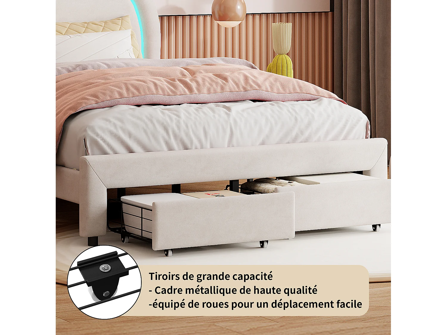 Lit simple capitonné 140x200 cm, lit rangement 2 tiroirs en bout de lit, tête de lit LED, velours,beige