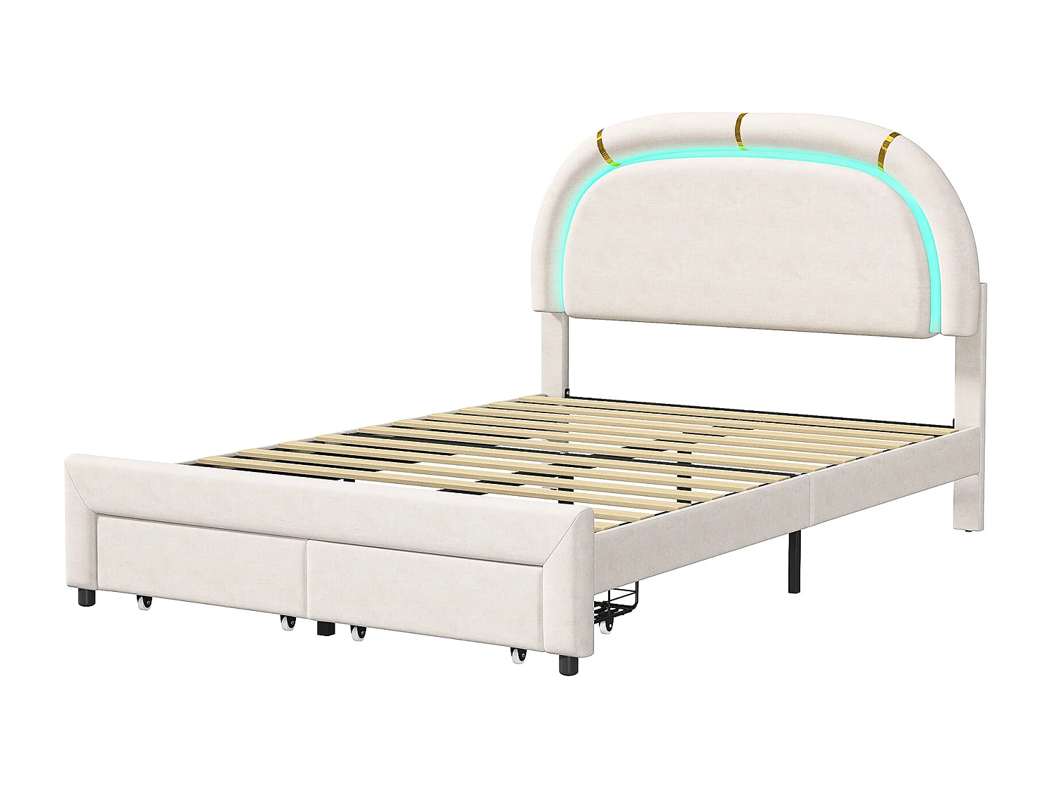 Lit simple capitonné 140x200 cm, lit rangement 2 tiroirs en bout de lit, tête de lit LED, velours,beige