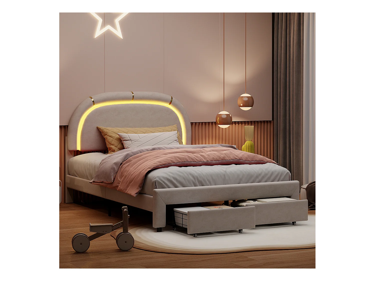 Cama individual tapizada 140x200 cm, canapé con 2 cajones a pie de cama, cabecero LED, terciopelo, beige
