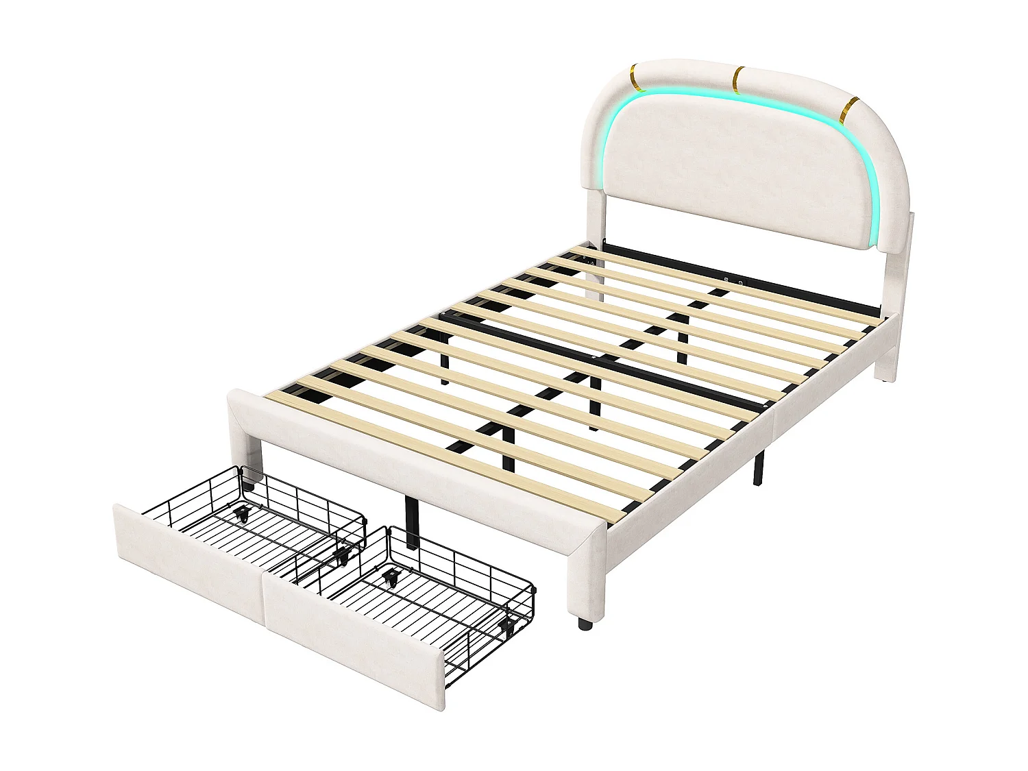 Gestoffeerd eenpersoonsbed 140x200 cm, opbergbed met 2 lades aan het voeteneind, LED hoofdbord, fluweel, beige