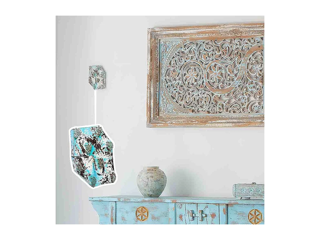 Cintre en bois sculpté avec finition artisanale bleu antique 16x0x8h cm