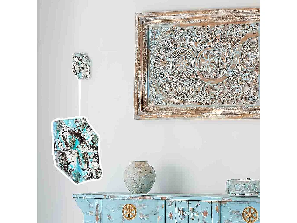 Appendino in legno intagliato con finitura blu anticata artigianale 16x0x8h cm