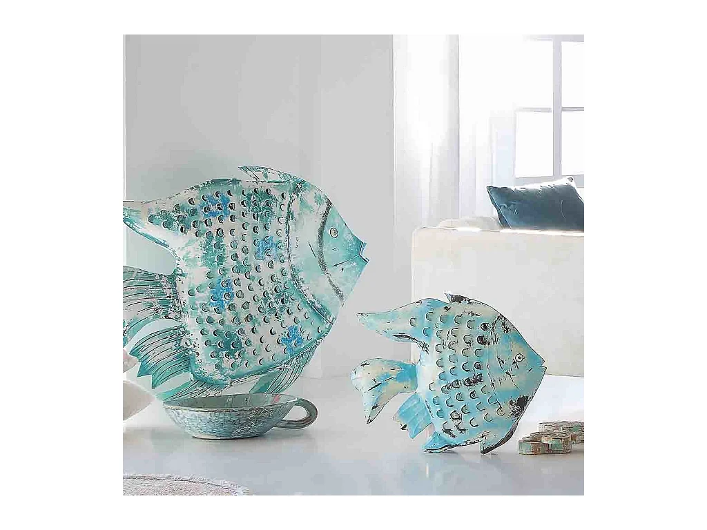 Castiçal antigo metal peixe azul 62x8x46h cm