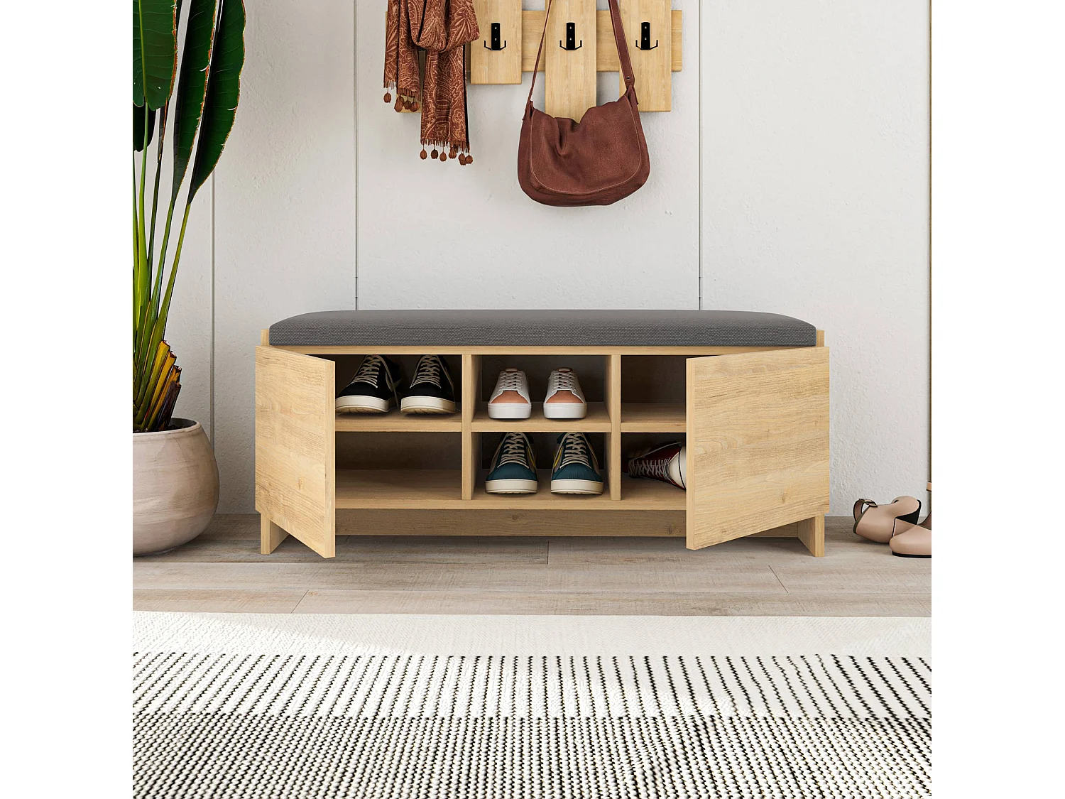 Mueble Zapatero Banco para Zapatos Rack con Puertas y estantes para ordenación (Alto 43 / Ancho 110 Fondo 37) en Color (Roble) - Buyqualia