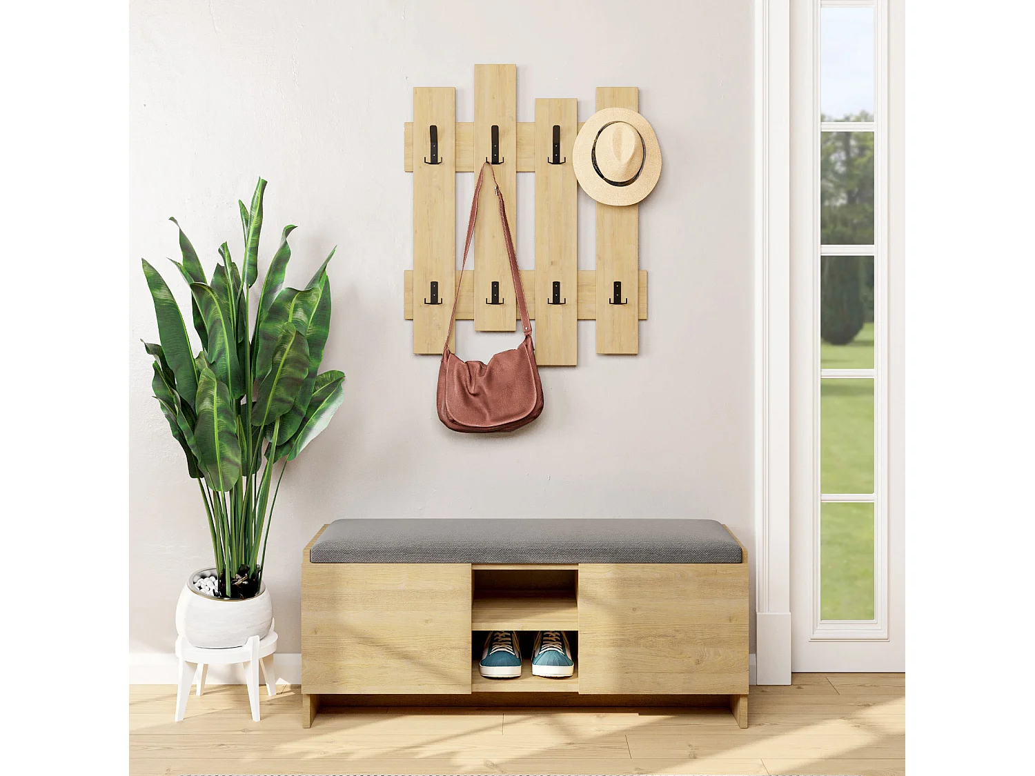 Mueble Zapatero Banco para Zapatos Rack con Puertas y estantes para ordenación (Alto 43 / Ancho 110 Fondo 37) en Color (Roble) - Buyqualia