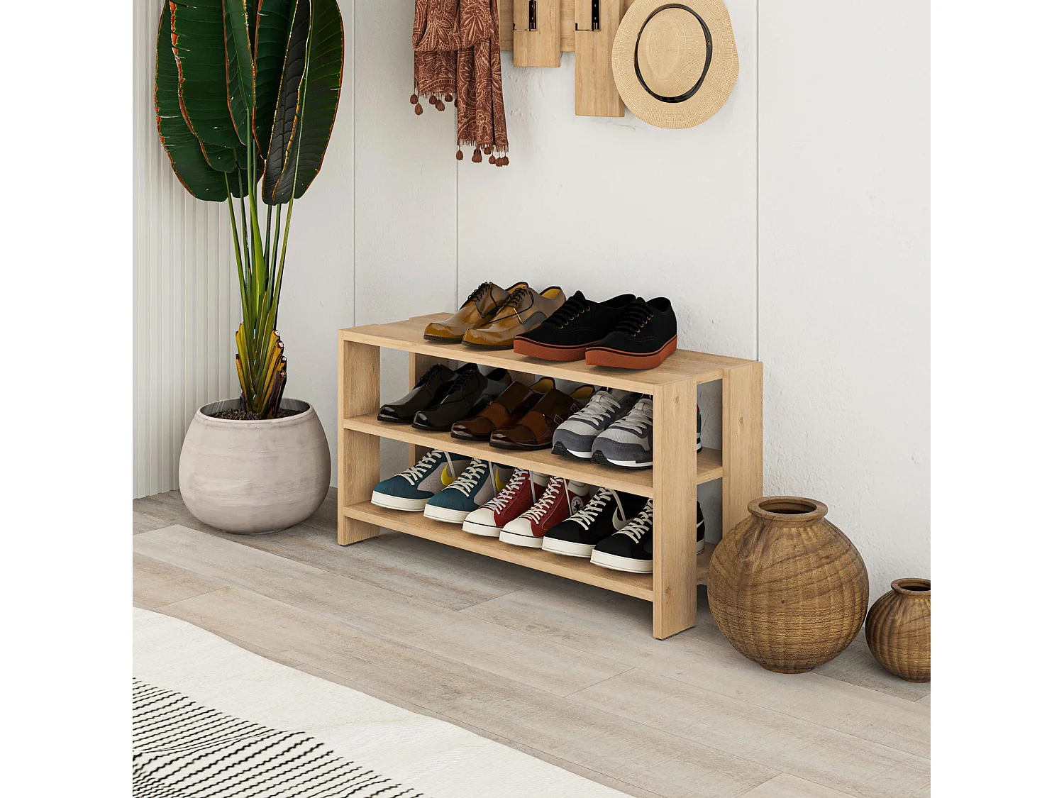 Mueble zapatero banco para zapatos rack para zapatos (alto 43 / ancho 84 fondo 31) en color (ROBLE) - Buyqualia