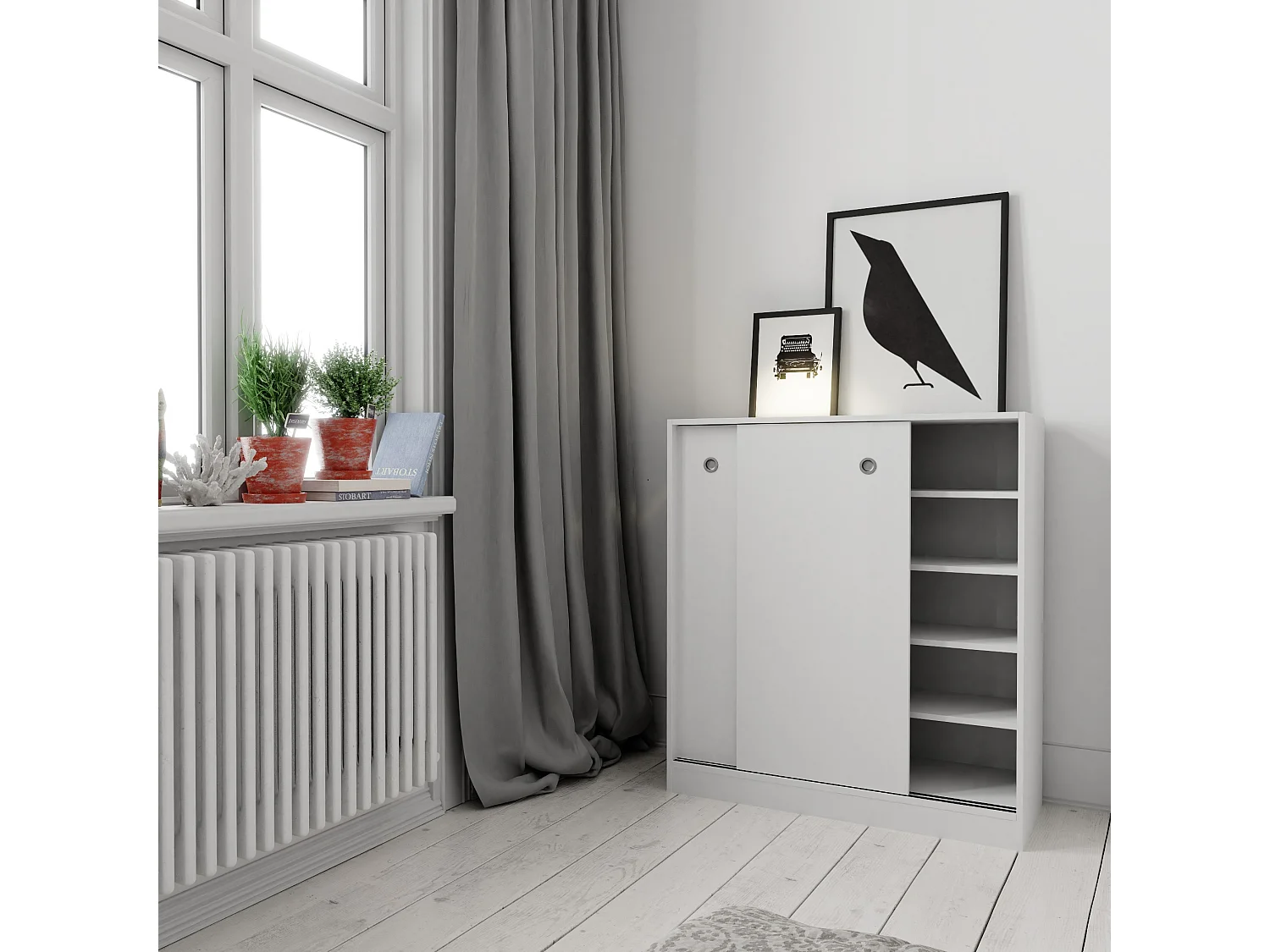 Armario bajo Puertas correderas con estantes Multiusos Zapatero estantería Oficina (White) - Buyqualia