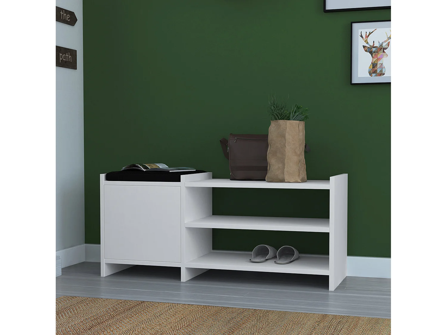 Mueble Zapatero Banco para Zapatos Rack con Puerta y estantes (Alto 44 /Ancho 100 / Fondo 35) en Color (Blanco) - Buyqualia