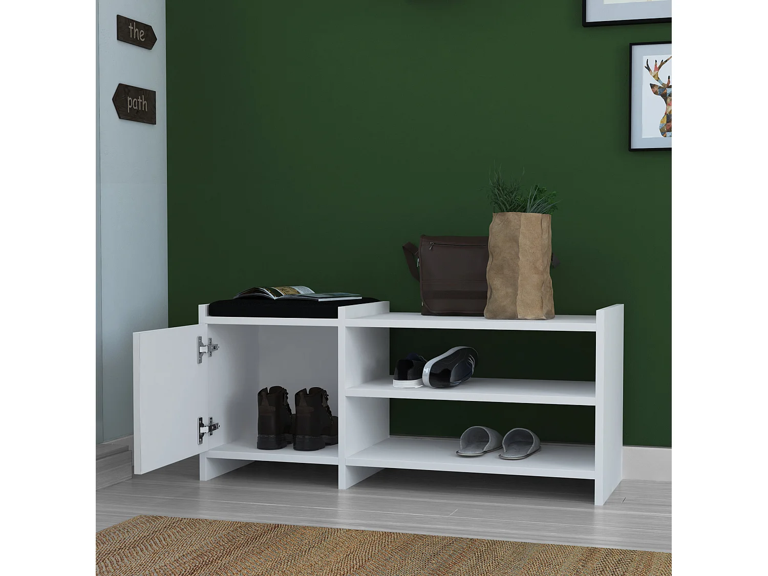 Mueble Zapatero Banco para Zapatos Rack con Puerta y estantes (Alto 44 /Ancho 100 / Fondo 35) en Color (Blanco) - Buyqualia