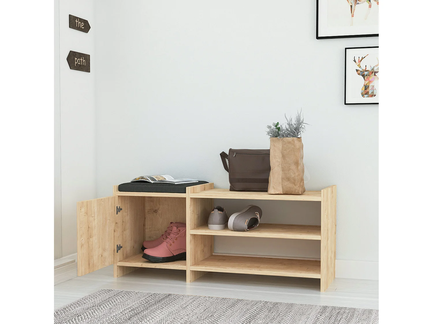 Mueble zapatero banco para zapatos rack con puerta y estantes (alto 44 /ancho 100 / fondo 35) en color (ROBLE) - Buyqualia