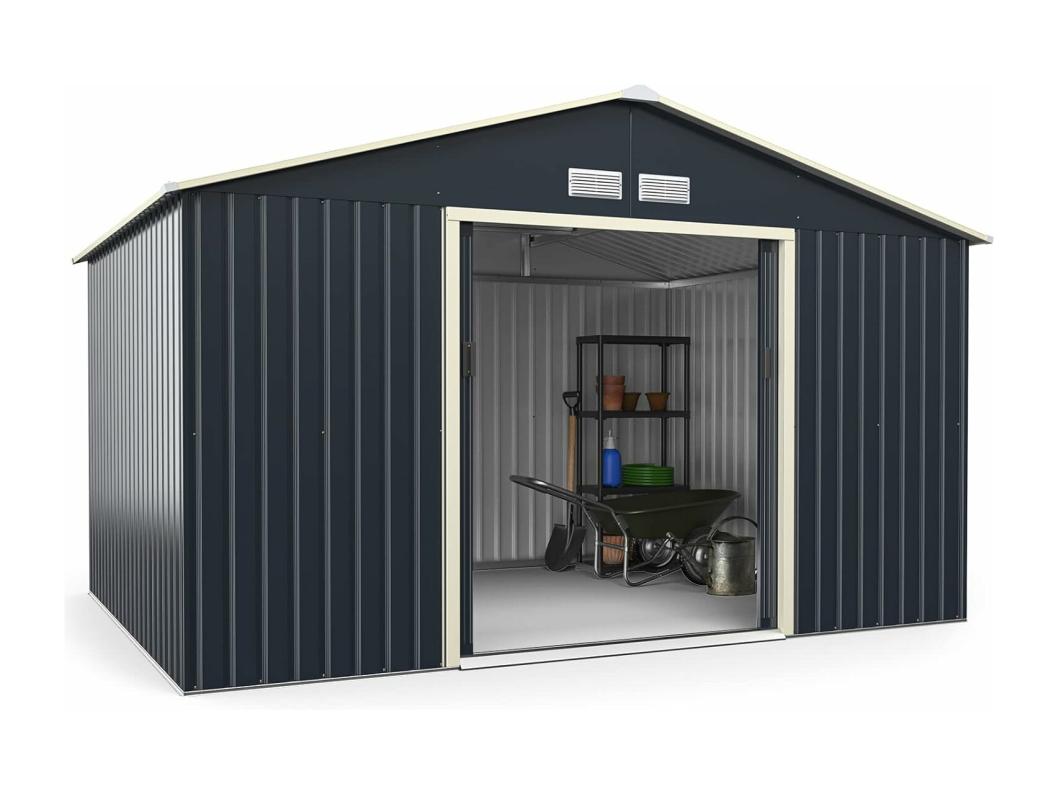 Gereedschapsschuur van metaal, 340 x 255 x 210 cm, afsluitbaar met 4 ventilatiesleuven en schuifdeur, tuinschuur voor grasmaaiers, fietsen, metalen schuur, voor buiten SF5955