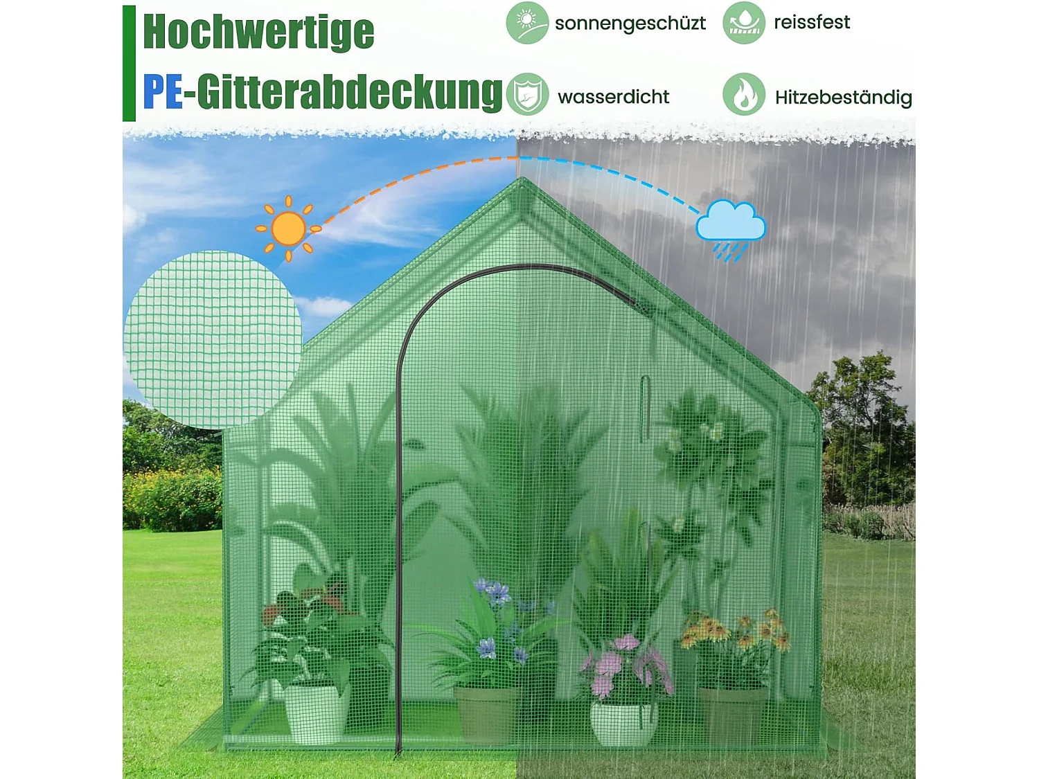 Broeikas, foliekas met PE-afdekking, oprolbare ritssluiting deur en raam, tomatenkas, tomatenkas, 179 x 100 x 167 cm