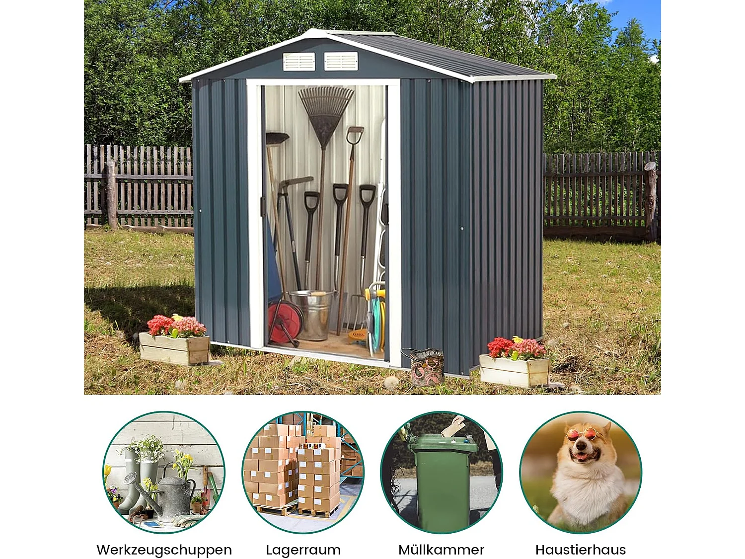 Buiten opslag tuinschuur met schuifdeur gereedschap tuinhuis 213 x 127 x 185cm (Donkergrijs)SF4101