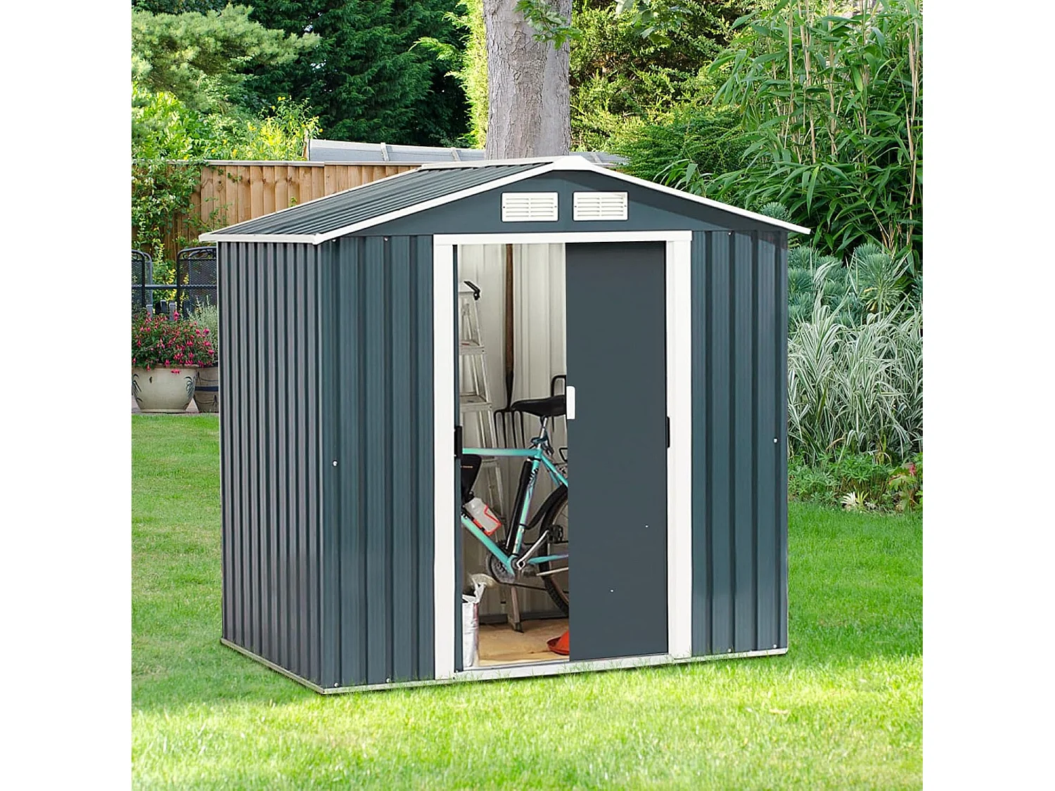 Buiten opslag tuinschuur met schuifdeur gereedschap tuinhuis 213 x 127 x 185cm (Donkergrijs)SF4101