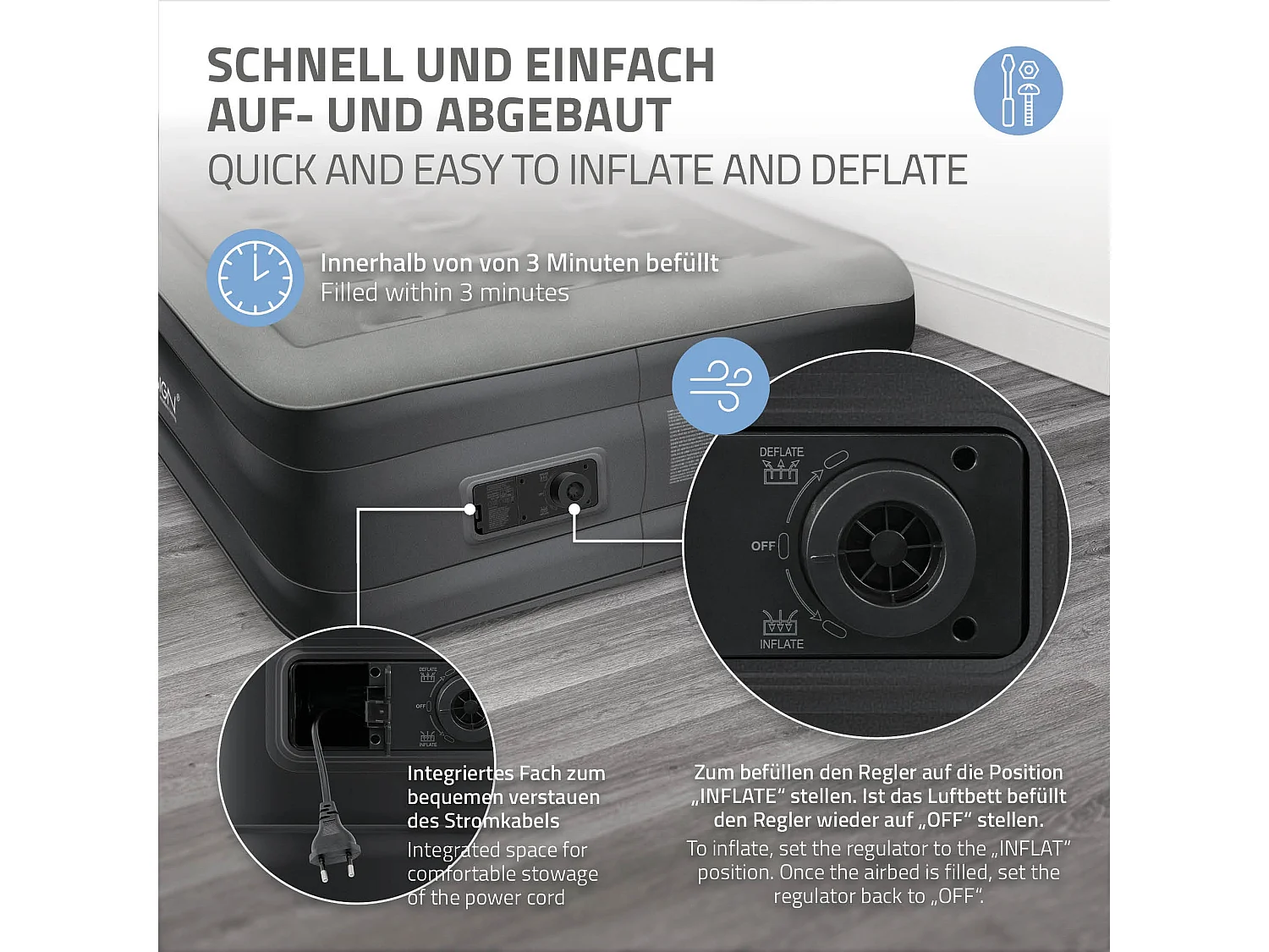 Matelas Gonflable pour 1 Personne 196 x 97 x 47 cm, Certifié TÜV, avec Pompe à Air Électrique 230V