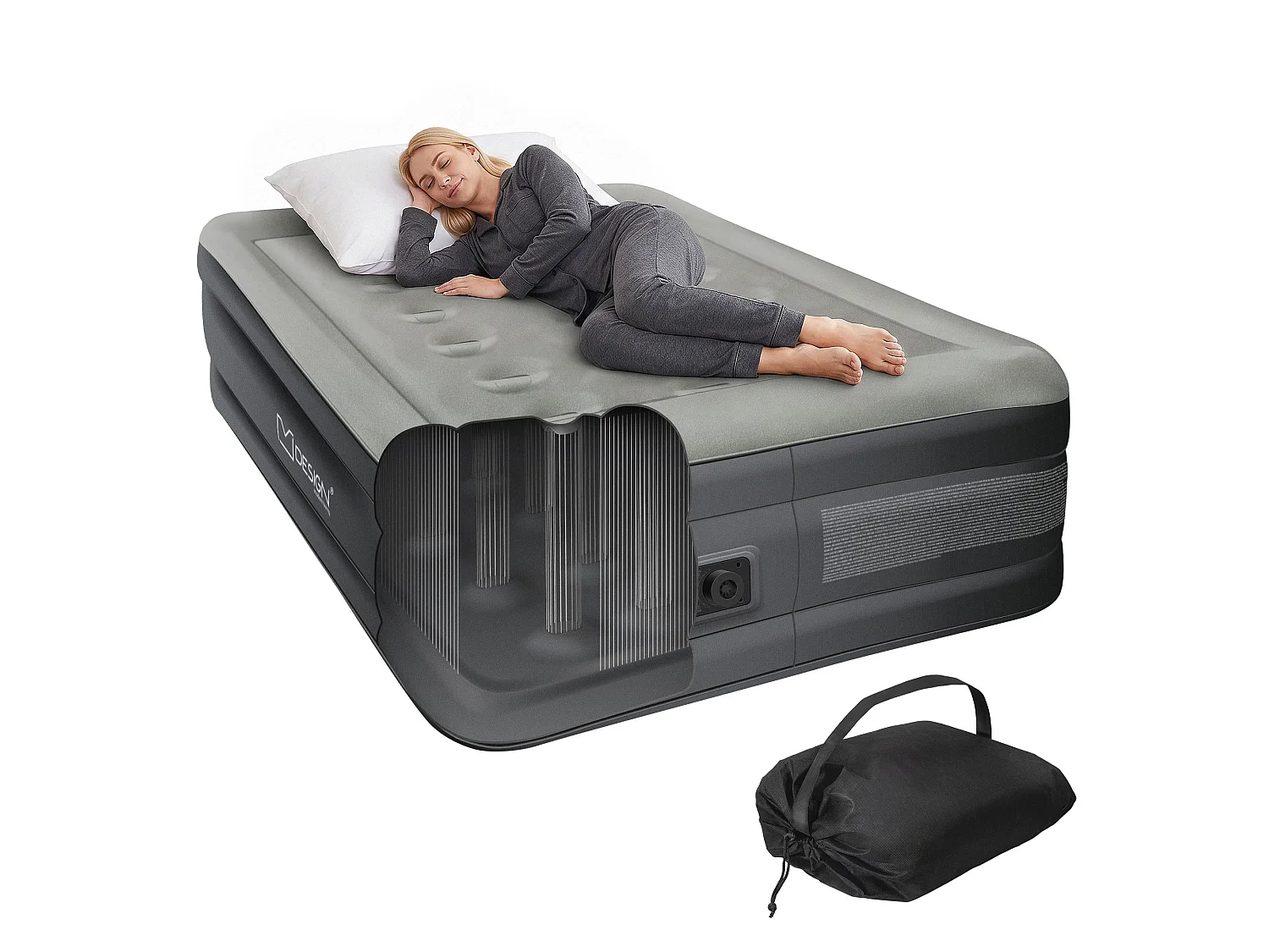 Matelas pneumatique 1 personne 196 x 97 x 47 cm gris autogonflant avec pompe à air électrique 230V et sac de transport imperméable fond antidérapant