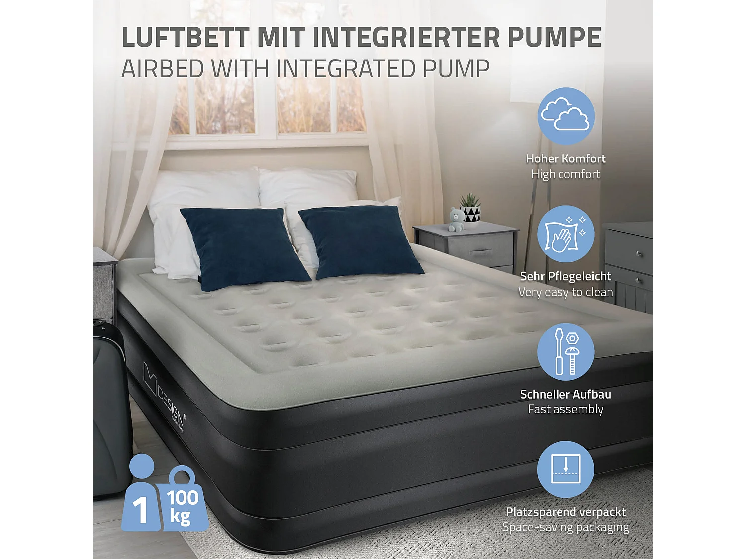 Matelas pneumatique 1 personne 196 x 97 x 47 cm gris autogonflant avec pompe à air électrique 230V et sac de transport imperméable fond antidérapant