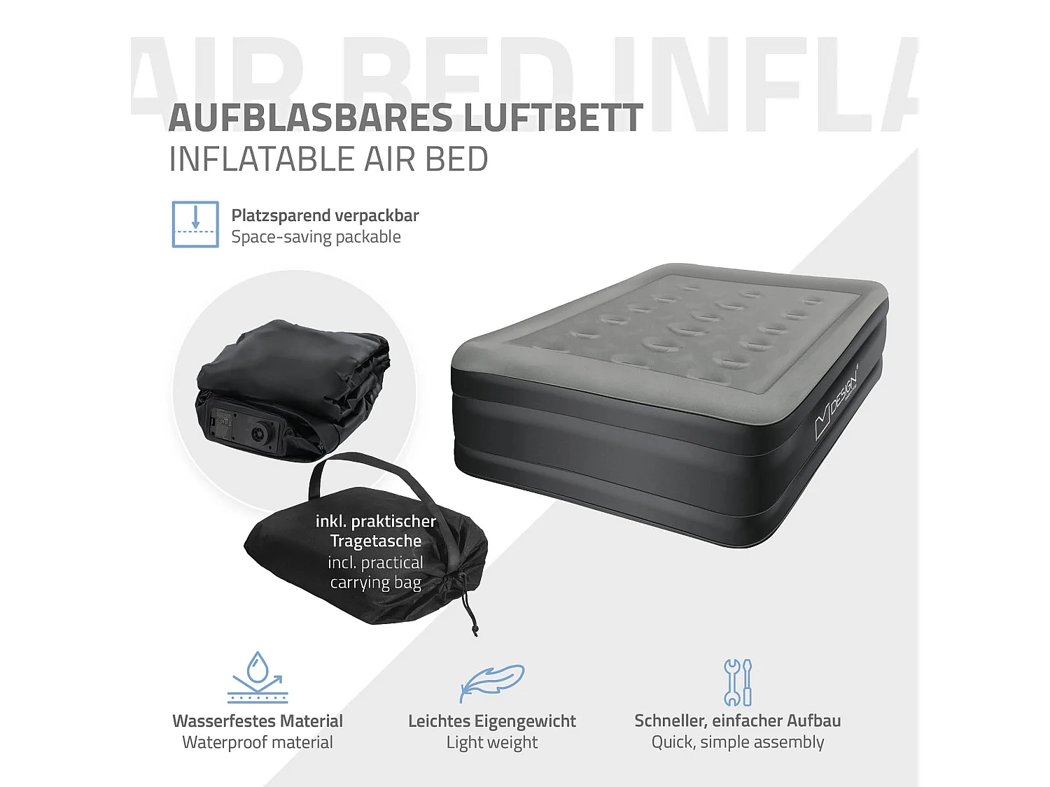 Matelas pneumatique 1 personne 196 x 97 x 47 cm gris autogonflant avec pompe à air électrique 230V et sac de transport imperméable fond antidérapant