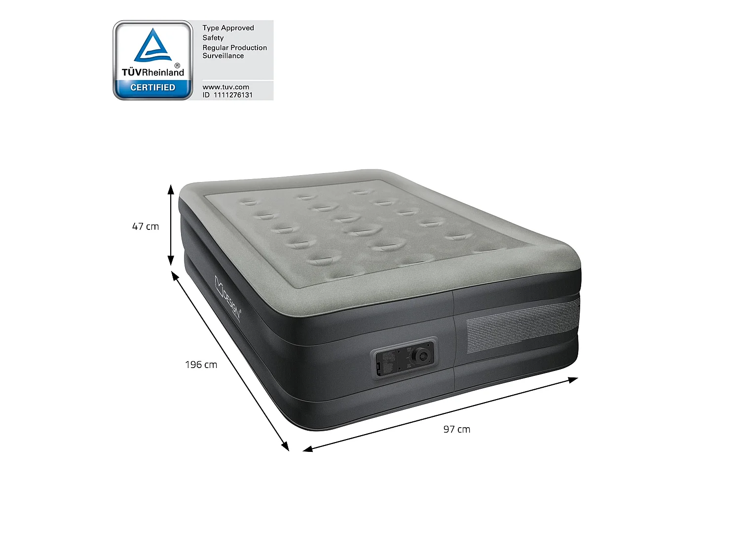 Matelas pneumatique 1 personne 196 x 97 x 47 cm gris autogonflant avec pompe à air électrique 230V et sac de transport imperméable fond antidérapant