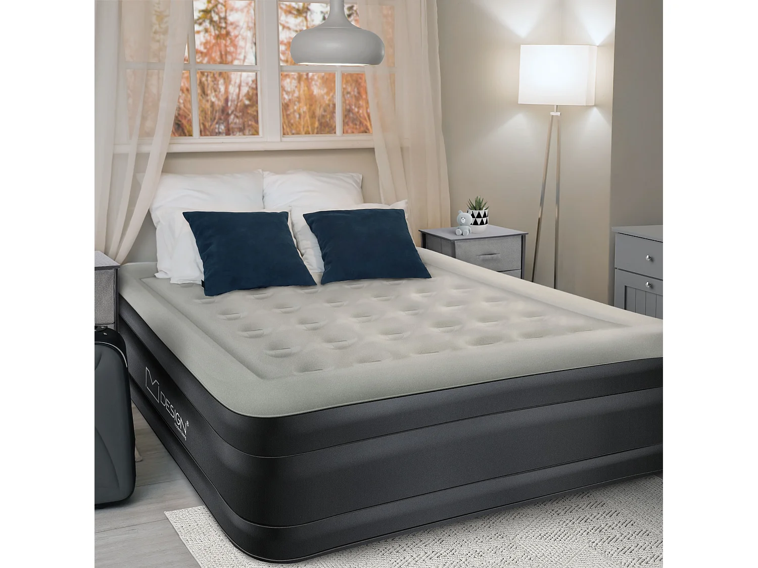 Matelas pneumatique 1 personne 196 x 97 x 47 cm gris autogonflant avec pompe à air électrique 230V et sac de transport imperméable fond antidérapant