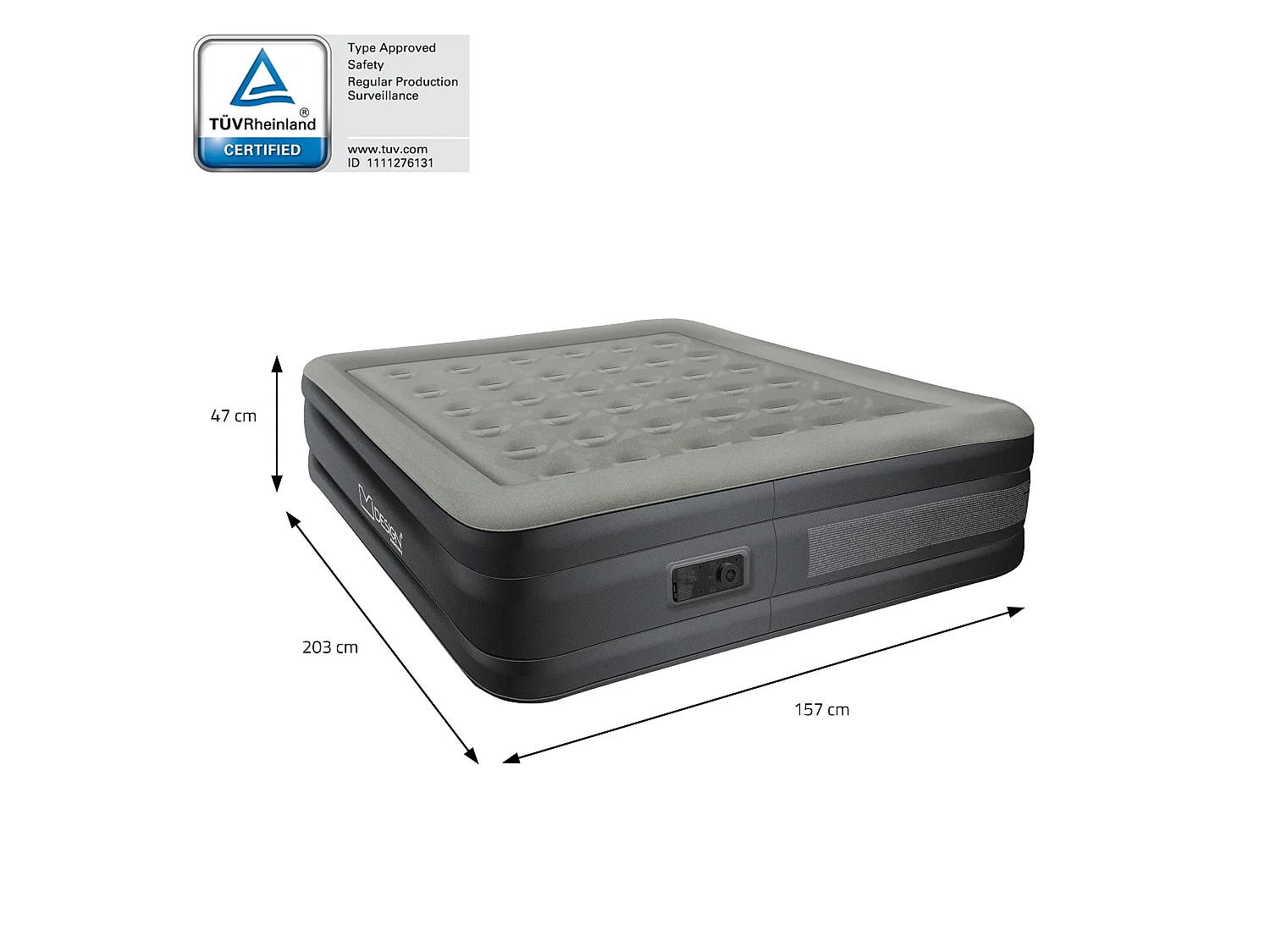 Matelas Gonflable pour 2 Personnes 203 x 157 x 47 cm, Certifié TÜV, avec Pompe à Air Électrique 230V