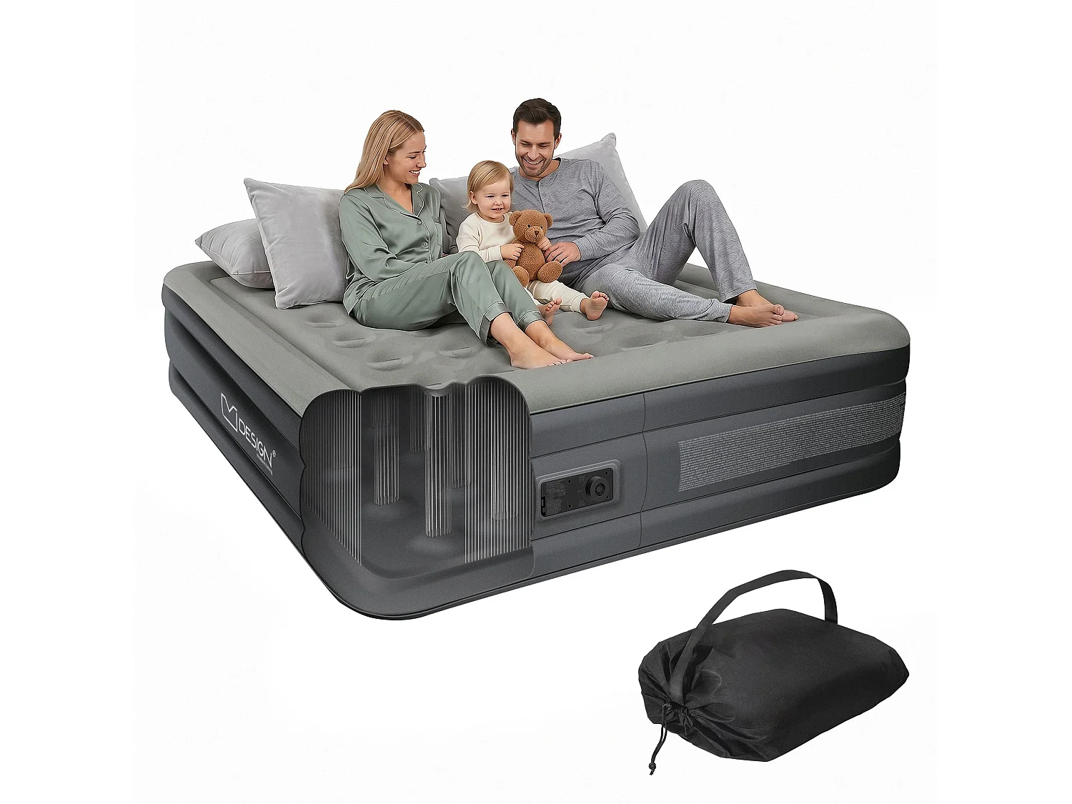 ML-Design Materasso gonfiabile doppio 203x157x47cm grigio con pompa elettrica letto da campeggio autogonfiante per 2 persone con borsa certificato TÜV