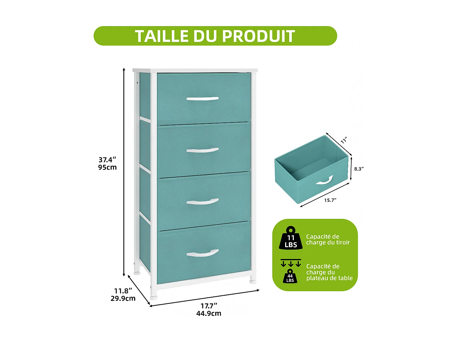 YITAHOME Commode - 4 Tiroirs en Tissu Commode Chambre Meuble de Rangement - Cadre en Métal - Chambre à Coucher - Salon - Vert