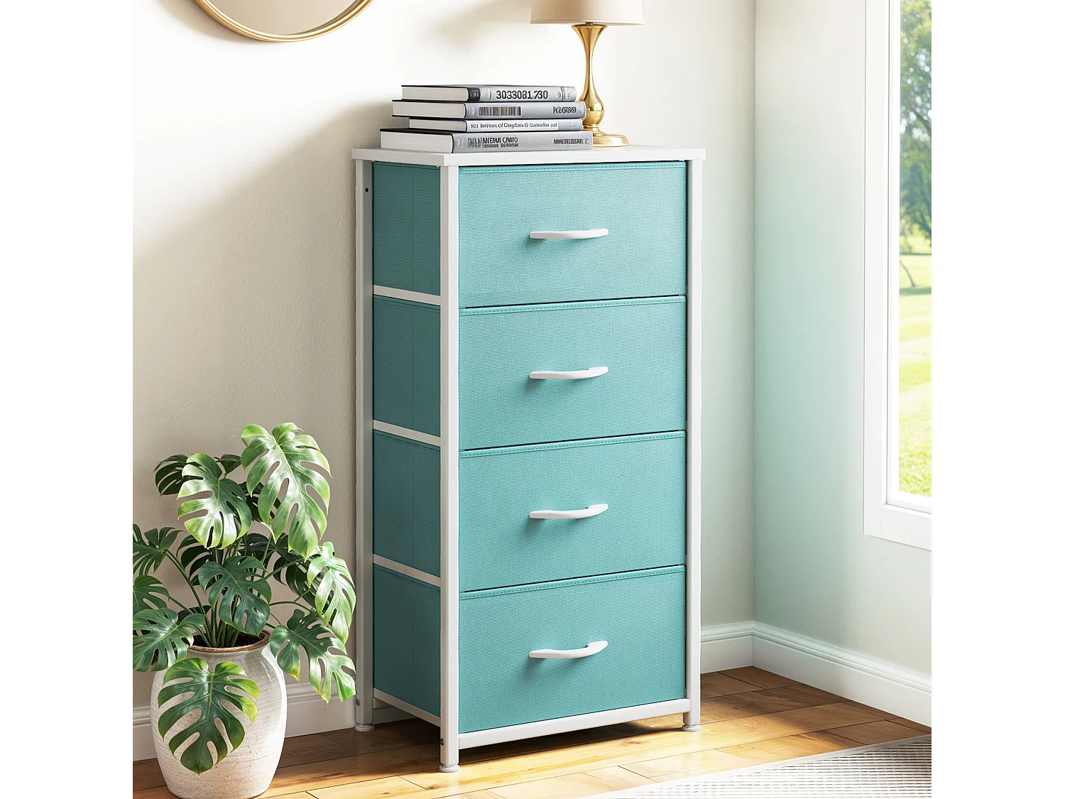 YITAHOME Commode - 4 Tiroirs en Tissu Commode Chambre Meuble de Rangement - Cadre en Métal - Chambre à Coucher - Salon - Vert