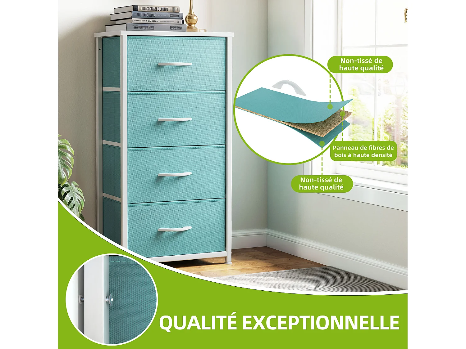 YITAHOME Commode - 4 Tiroirs en Tissu Commode Chambre Meuble de Rangement - Cadre en Métal - Chambre à Coucher - Salon - Vert