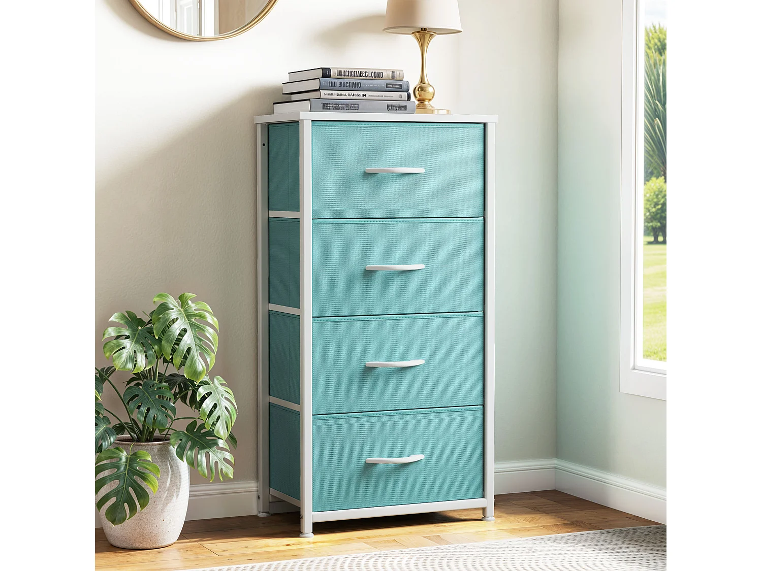 YITAHOME Commode - 4 Tiroirs en Tissu Commode Chambre Meuble de Rangement - Cadre en Métal - Chambre à Coucher - Salon - Vert