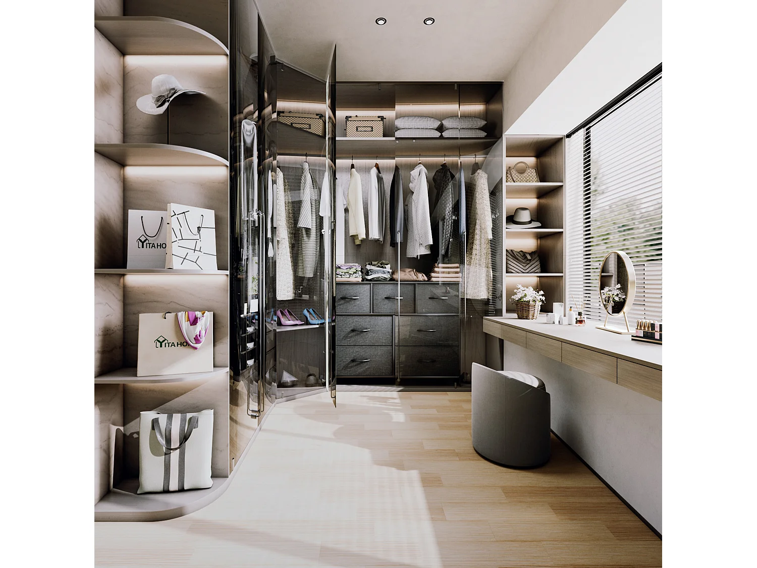 YITAHOME Commode - 7 Tiroirs en Tissu Commode Chambre Meuble de Rangement - Tour en Tissu - Cadre en Métal - Noir Gris