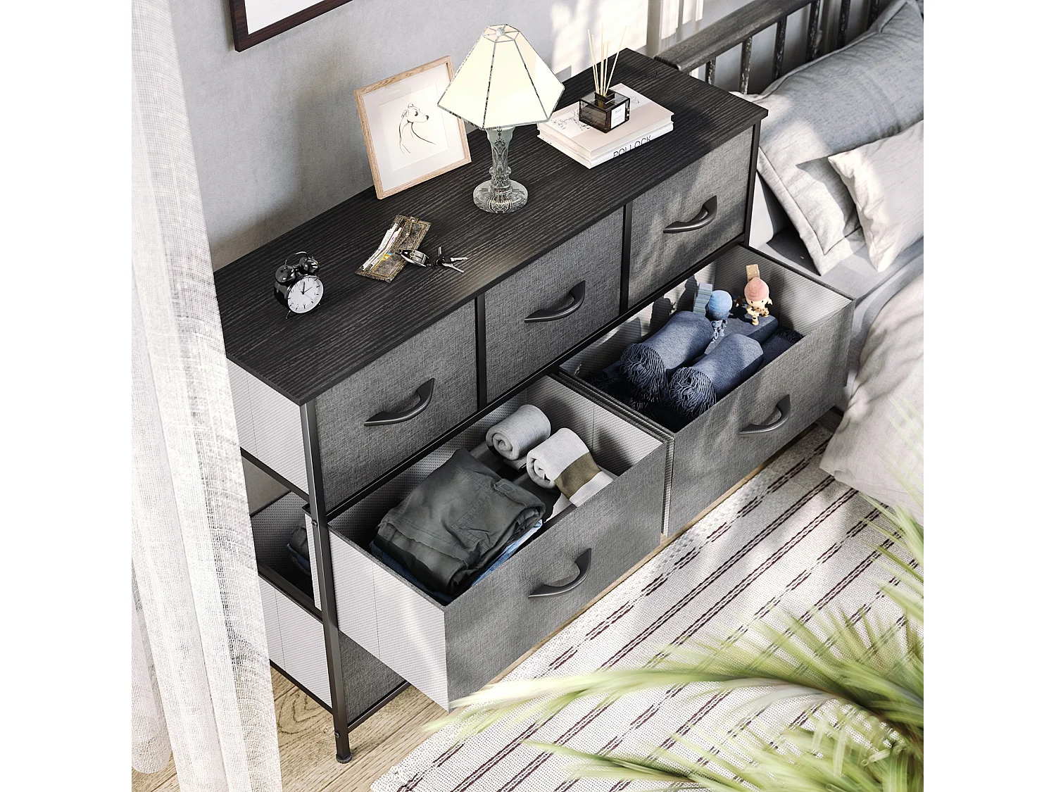 YITAHOME Commode - 7 Tiroirs en Tissu Commode Chambre Meuble de Rangement - Tour en Tissu - Cadre en Métal - Noir Gris