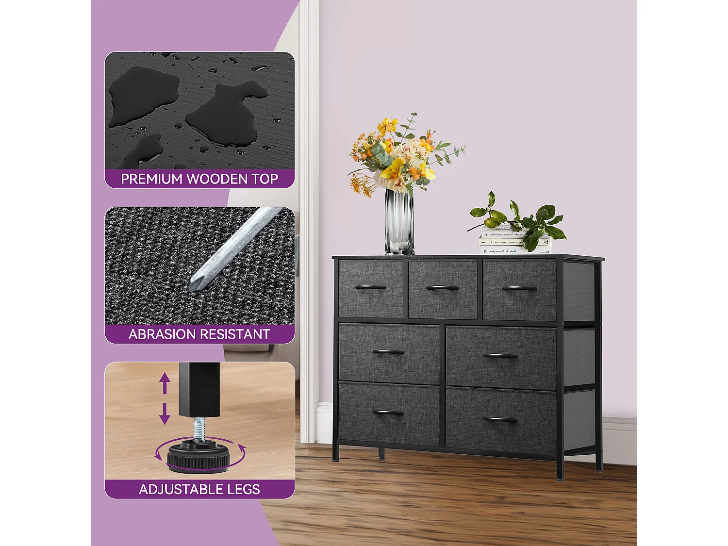 YITAHOME Commode - 7 Tiroirs en Tissu Commode Chambre Meuble de Rangement - Tour en Tissu - Cadre en Métal - Noir Gris