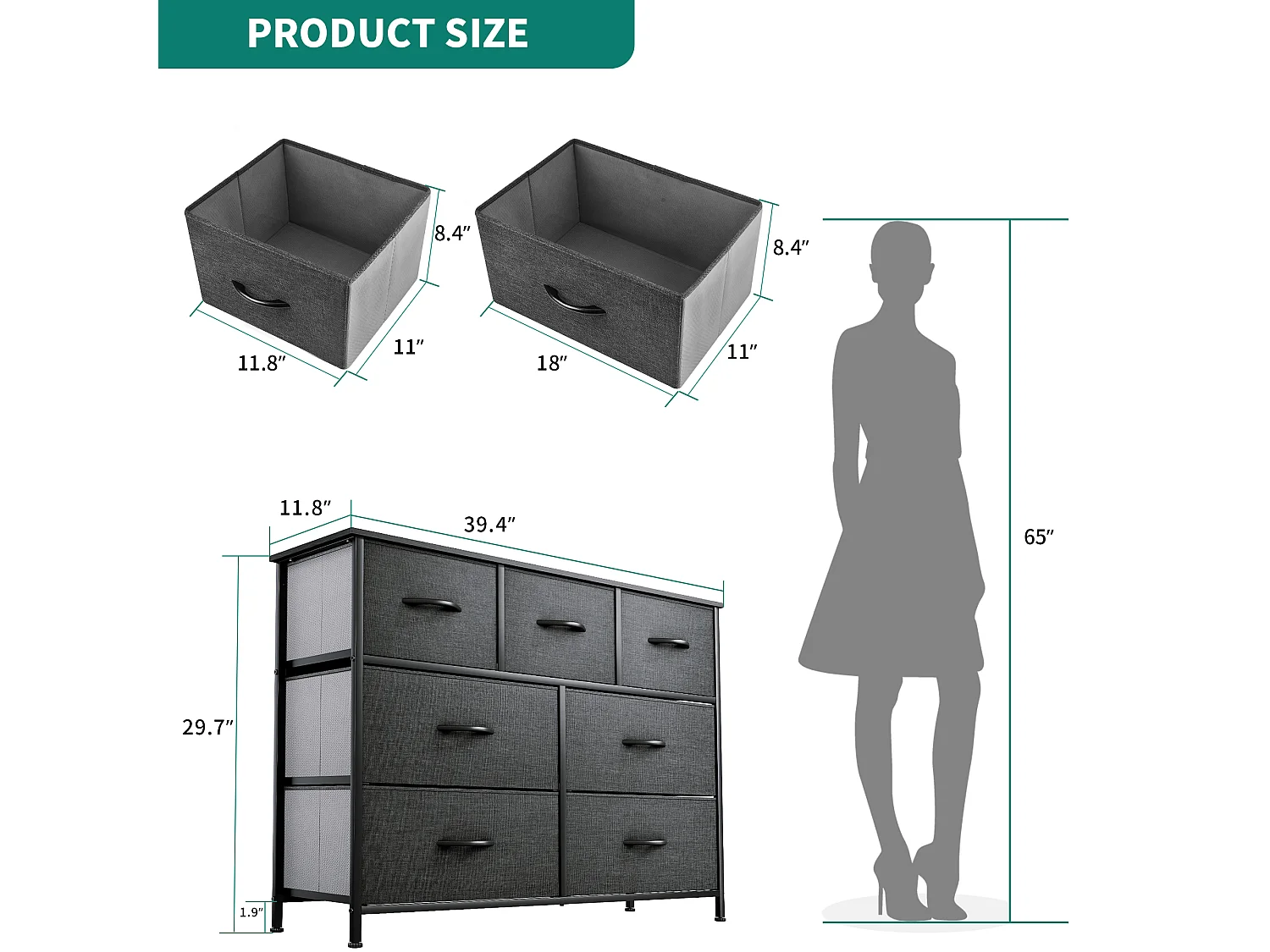 YITAHOME Commode - 7 Tiroirs en Tissu Commode Chambre Meuble de Rangement - Tour en Tissu - Cadre en Métal - Noir Gris