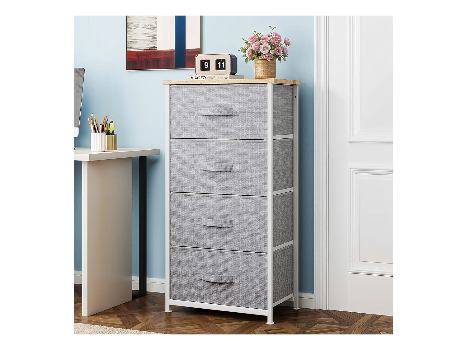 YITAHOME Commode - 4 Tiroirs en Tissu Commode Chambre Meuble de Rangement - Cadre en Métal - pour Chambre à Coucher - Salon - Gris Clair