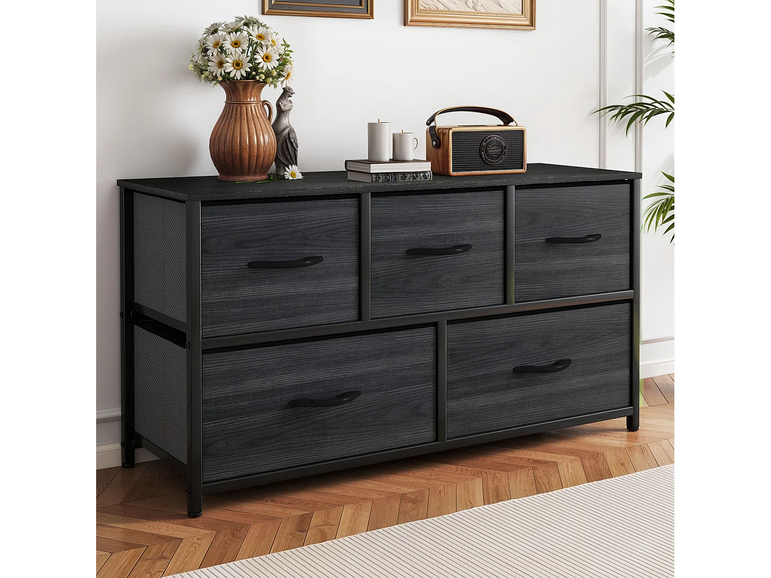 YITAHOME Commode - 5 Tiroirs en Tissu Commode Chambre Meuble de Rangement - Cadre en Métal - Salon - Grain de Bois Noir