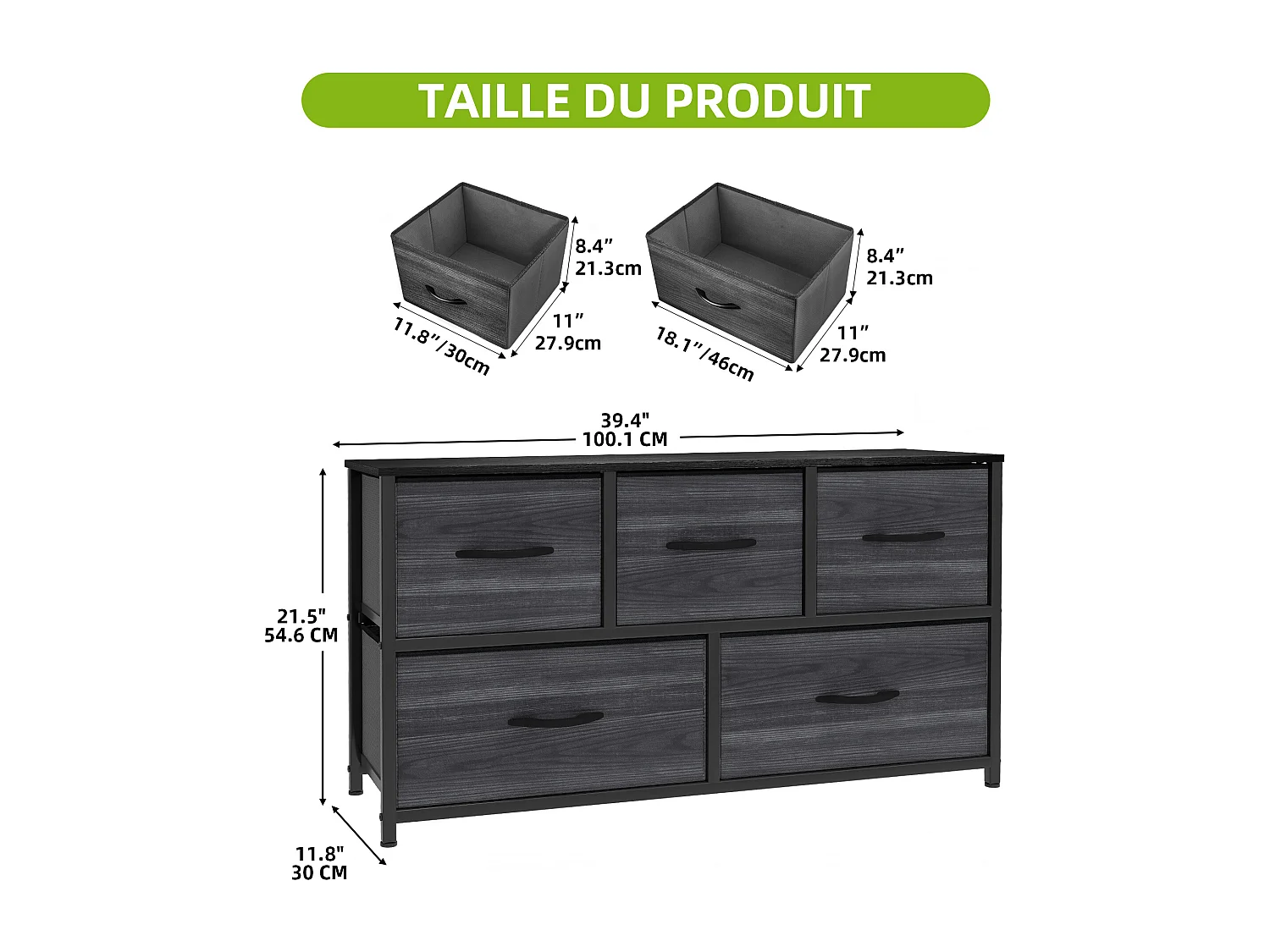 YITAHOME Commode - 5 Tiroirs en Tissu Commode Chambre Meuble de Rangement - Cadre en Métal - Salon - Grain de Bois Noir