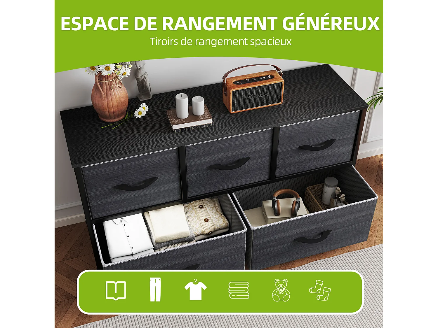 YITAHOME Commode - 5 Tiroirs en Tissu Commode Chambre Meuble de Rangement - Cadre en Métal - Salon - Grain de Bois Noir