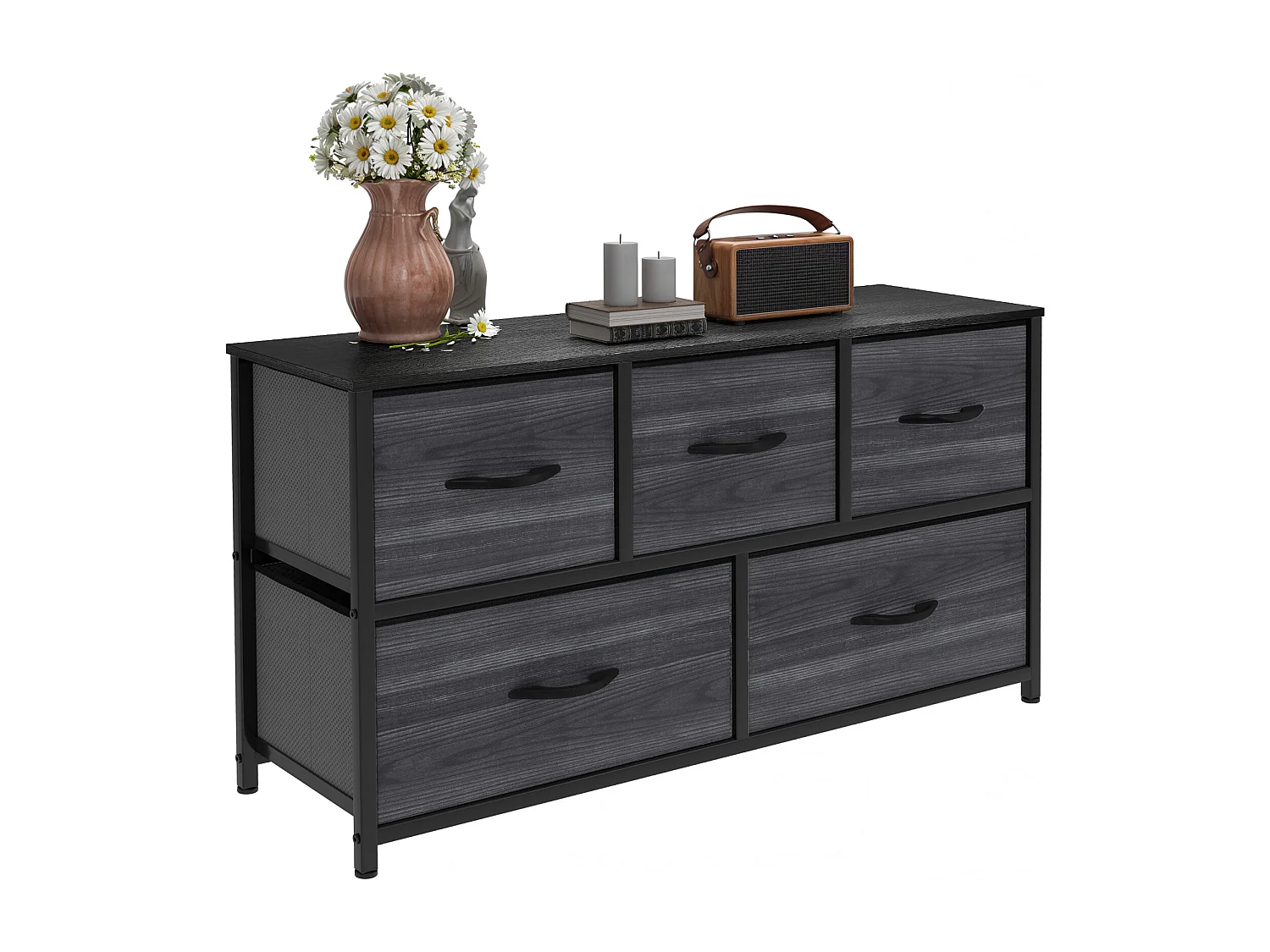 YITAHOME Commode - 5 Tiroirs en Tissu Commode Chambre Meuble de Rangement - Cadre en Métal - Salon - Grain de Bois Noir