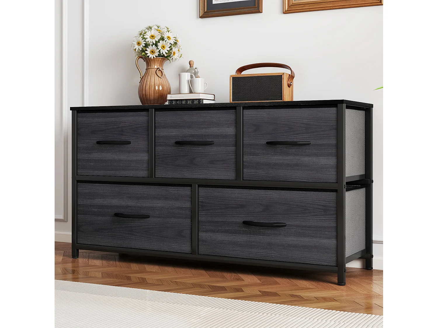 YITAHOME Commode - 5 Tiroirs en Tissu Commode Chambre Meuble de Rangement - Cadre en Métal - Salon - Grain de Bois Noir