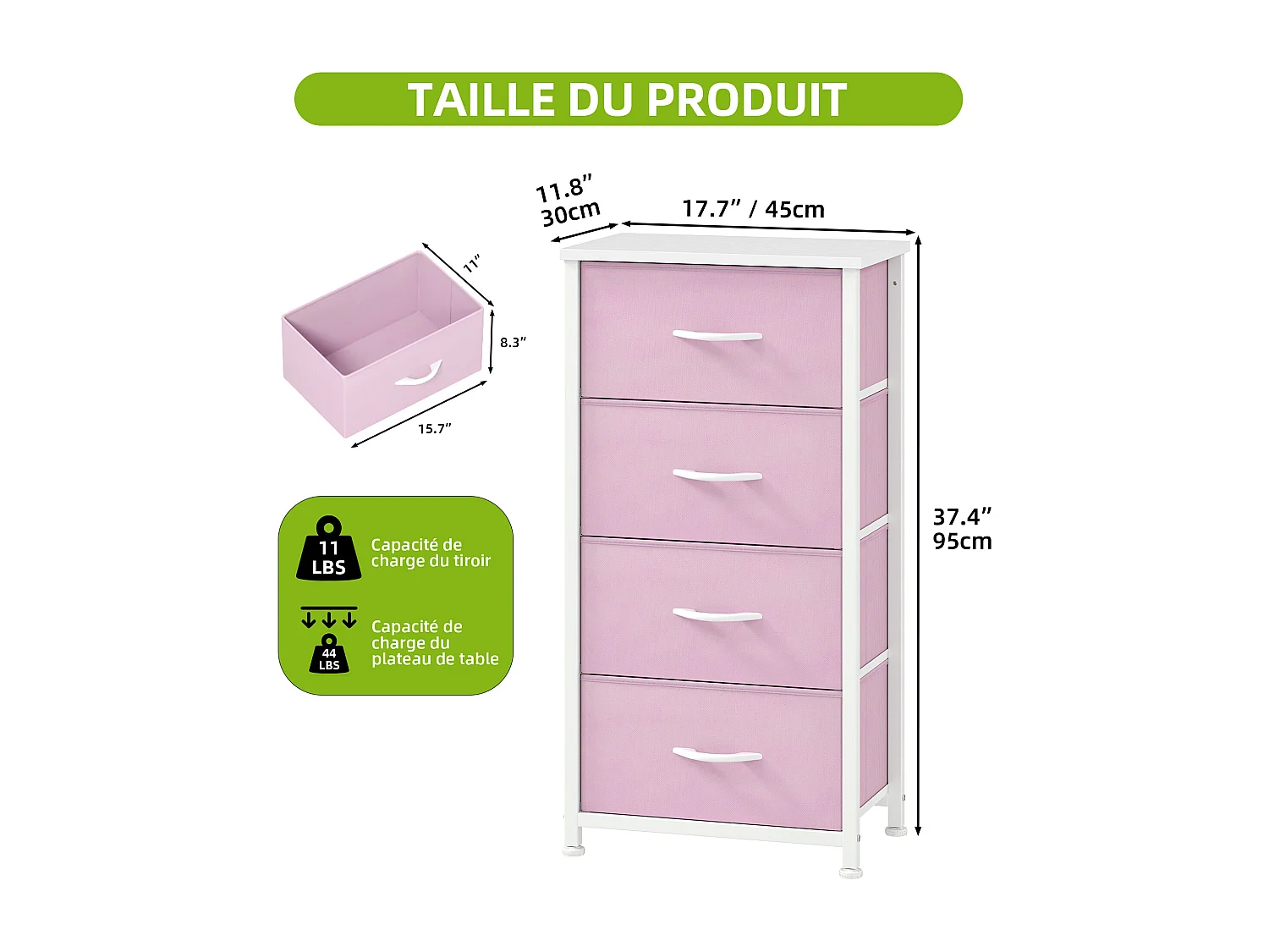 YITAHOME Commode - 4 Tiroirs en Tissu Commode Chambre Meuble de Rangement - Cadre en Métal - Salon - Rose