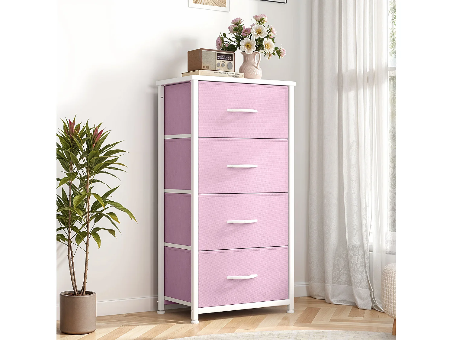 YITAHOME Commode - 4 Tiroirs en Tissu Commode Chambre Meuble de Rangement - Cadre en Métal - Salon - Rose