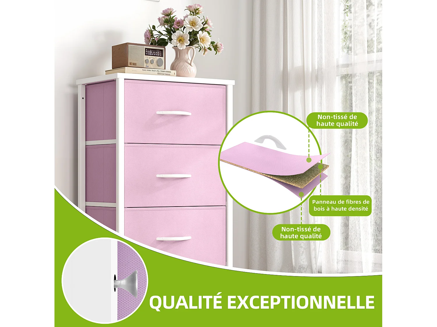 YITAHOME Commode - 4 Tiroirs en Tissu Commode Chambre Meuble de Rangement - Cadre en Métal - Salon - Rose