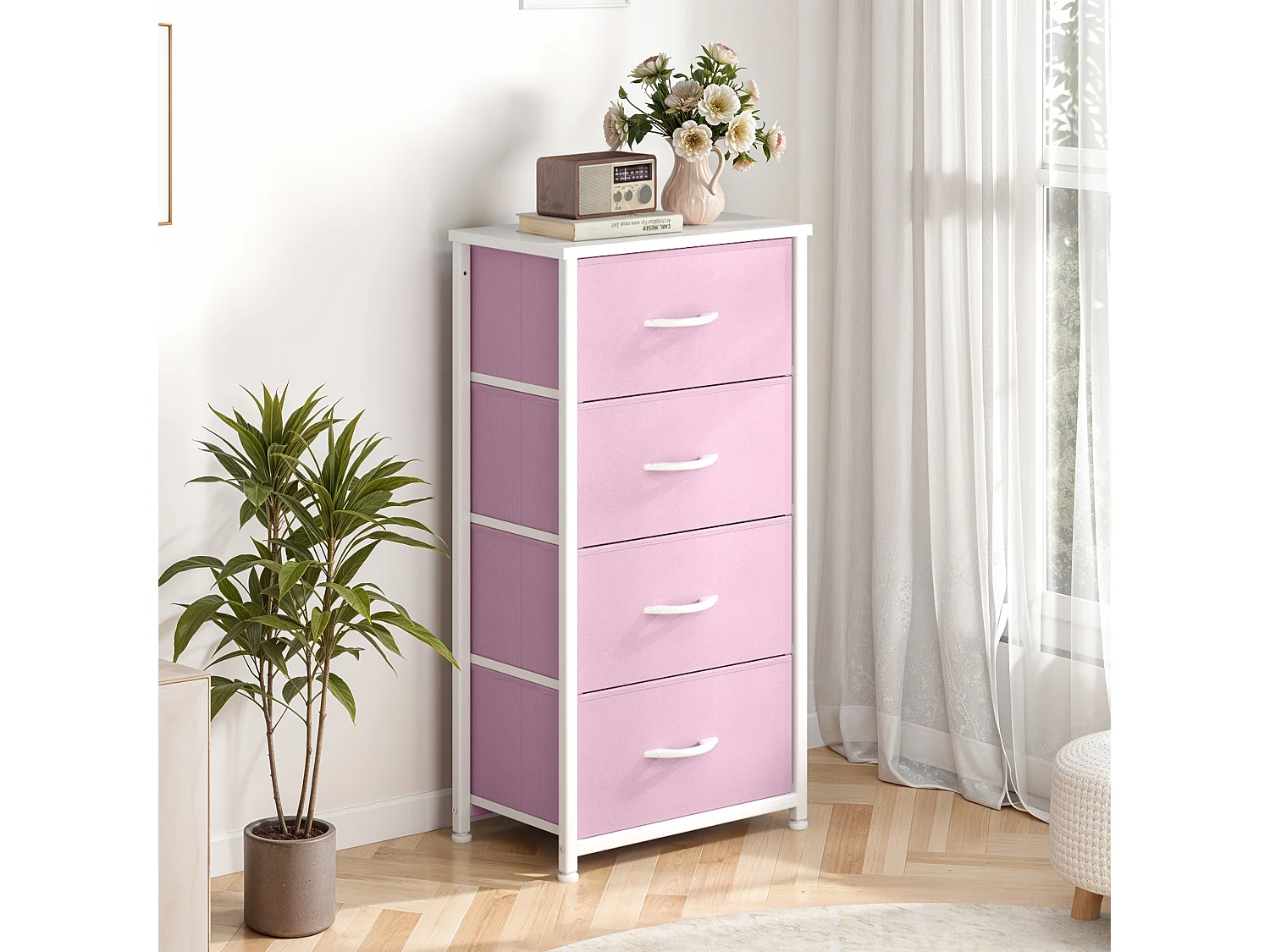 YITAHOME Commode - 4 Tiroirs en Tissu Commode Chambre Meuble de Rangement - Cadre en Métal - Salon - Rose
