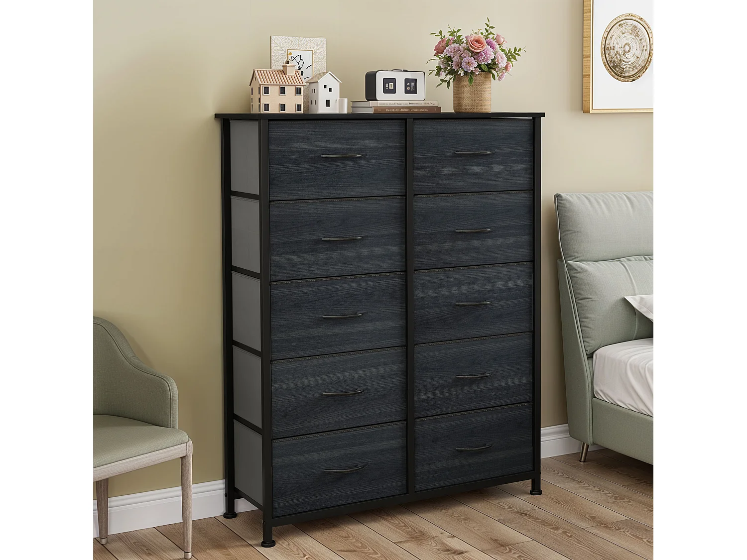 YITAHOME Commode - 10 Tiroirs en Tissu Commode Meuble de Rangement - Tour en Tissu - Cadre Acier Robuste - Grain de Bois Noir