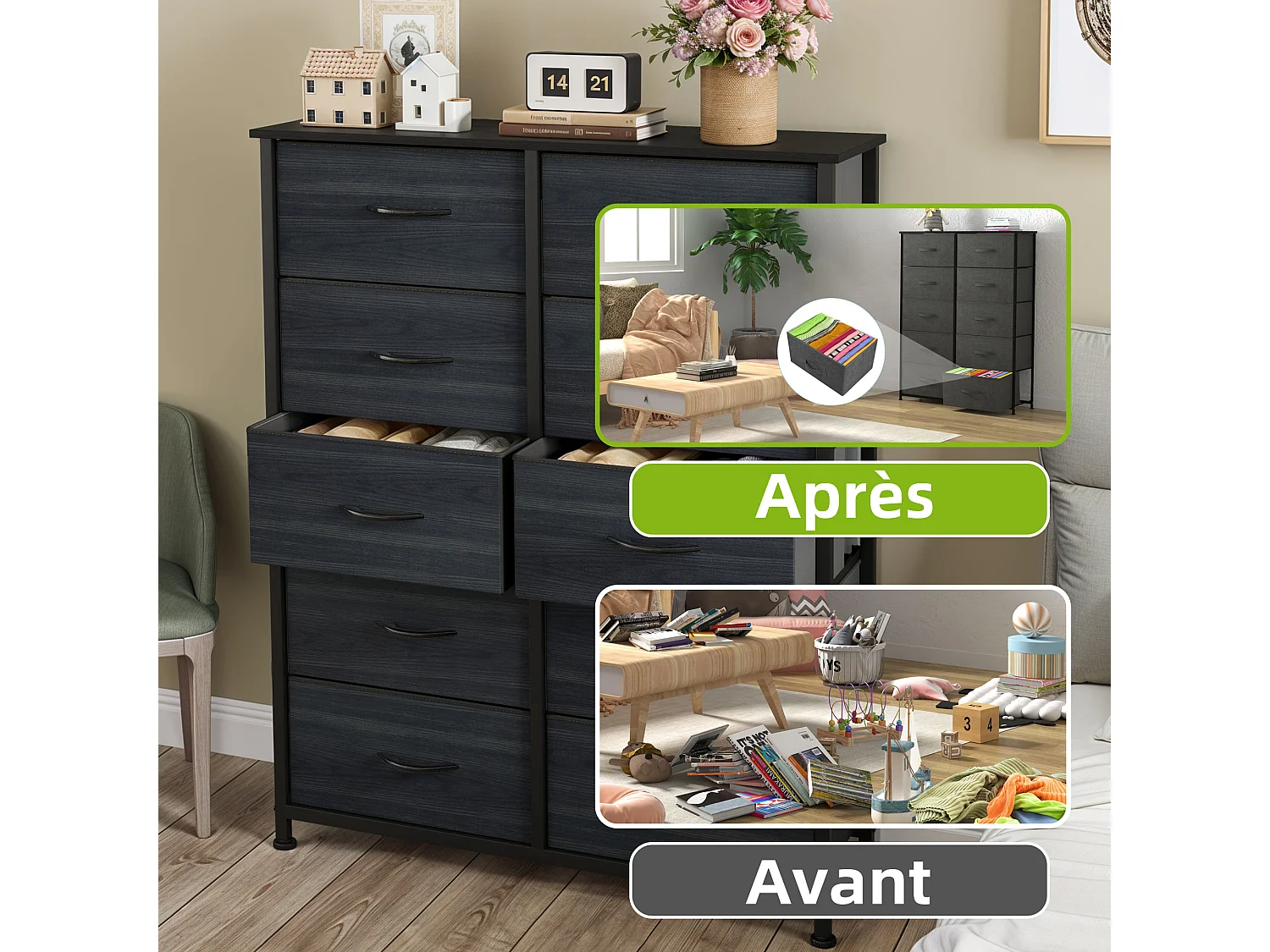 YITAHOME Commode - 10 Tiroirs en Tissu Commode Meuble de Rangement - Tour en Tissu - Cadre Acier Robuste - Grain de Bois Noir