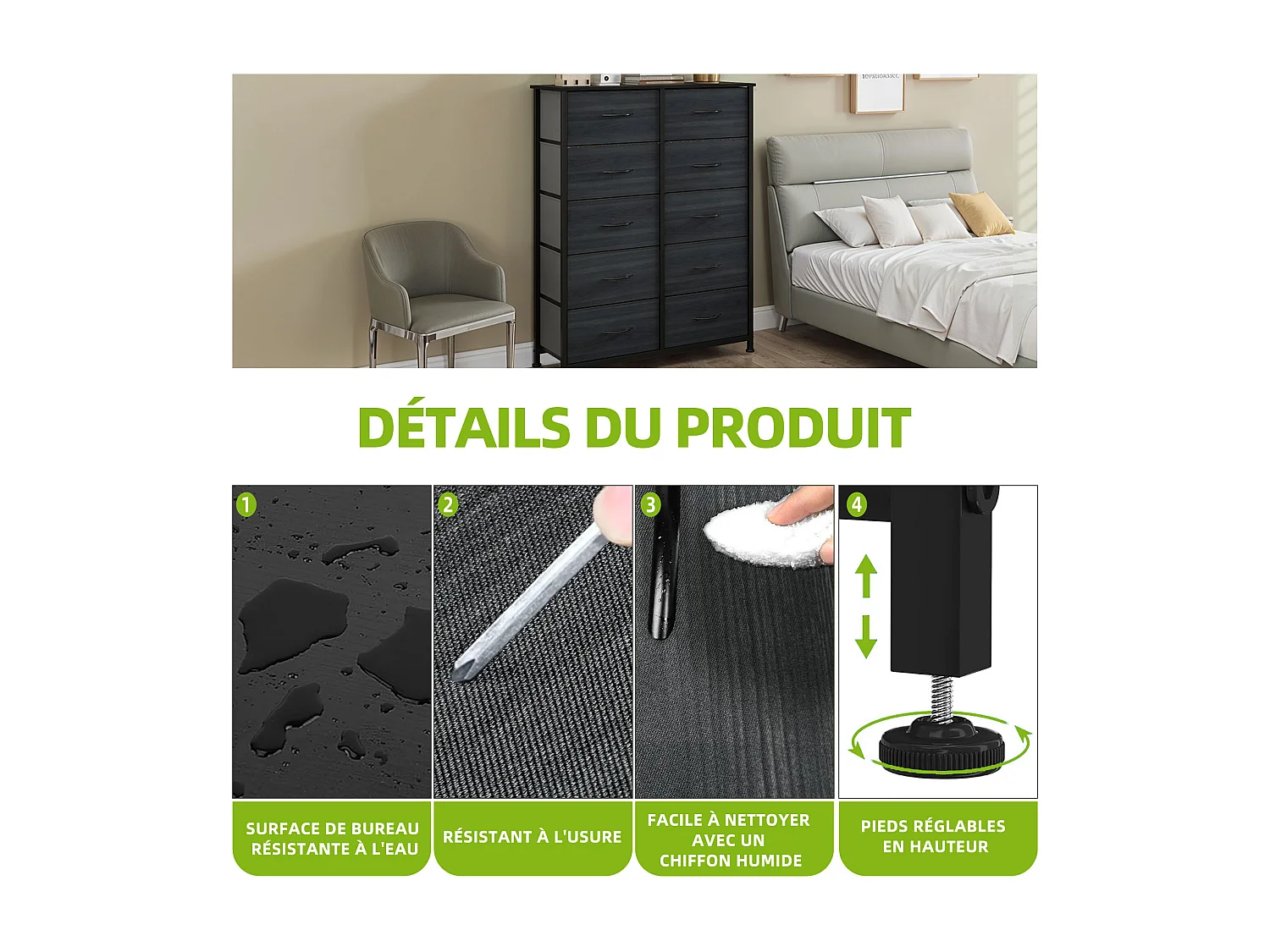 YITAHOME Commode - 10 Tiroirs en Tissu Commode Meuble de Rangement - Tour en Tissu - Cadre Acier Robuste - Grain de Bois Noir