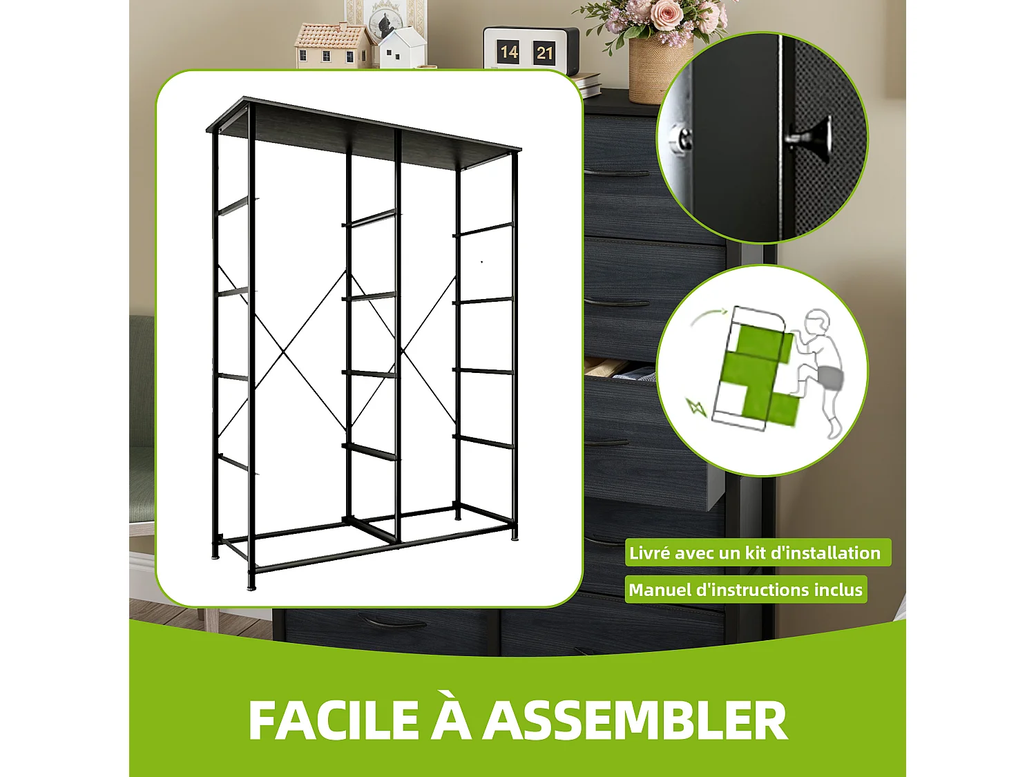 YITAHOME Commode - 10 Tiroirs en Tissu Commode Meuble de Rangement - Tour en Tissu - Cadre Acier Robuste - Grain de Bois Noir