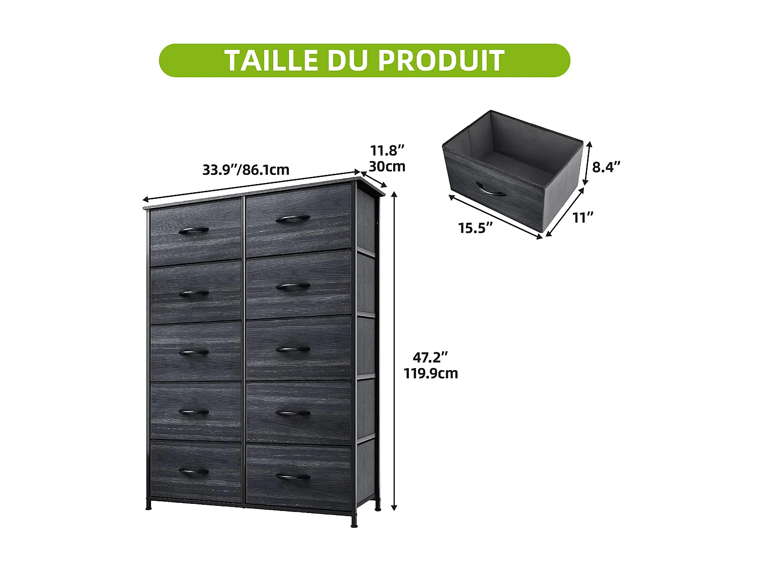 YITAHOME Commode - 10 Tiroirs en Tissu Commode Meuble de Rangement - Tour en Tissu - Cadre Acier Robuste - Grain de Bois Noir